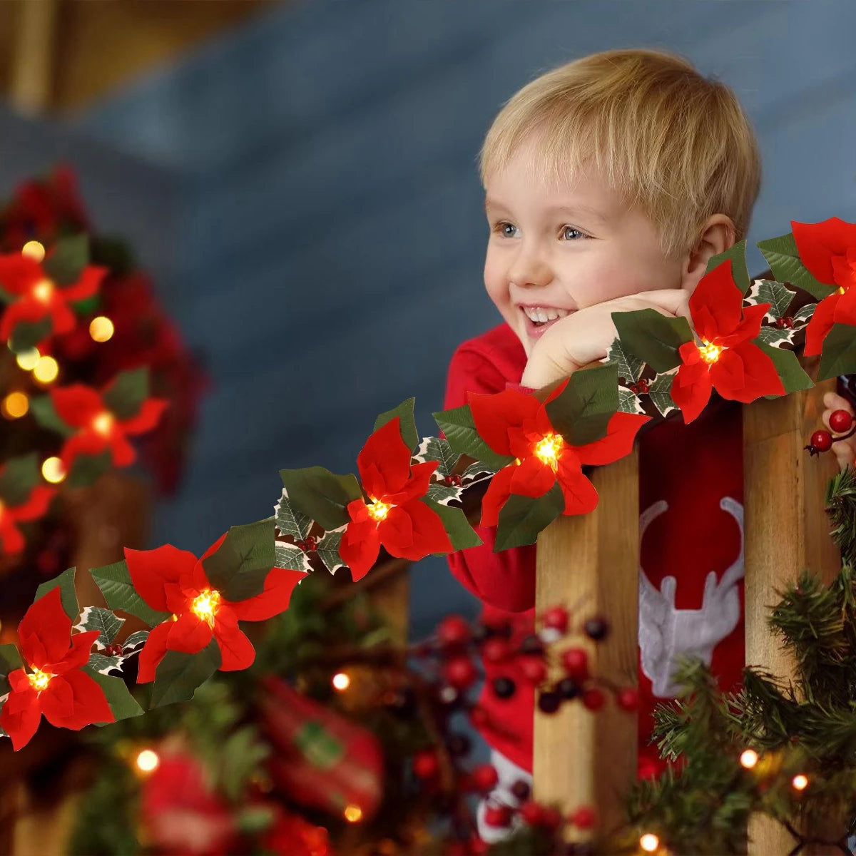 2M10LED Christmas Garland Lighting Strings Artificial Red Flowers Holly Leaves for Home 2024 Xmas Ornament New Year Gifts 2025