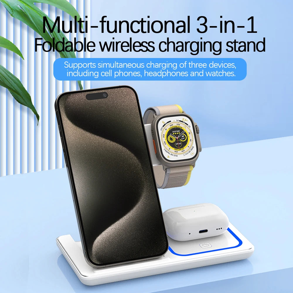 30W LED Fast Wireless Charger Stand 3 in 1 Foldable Charging