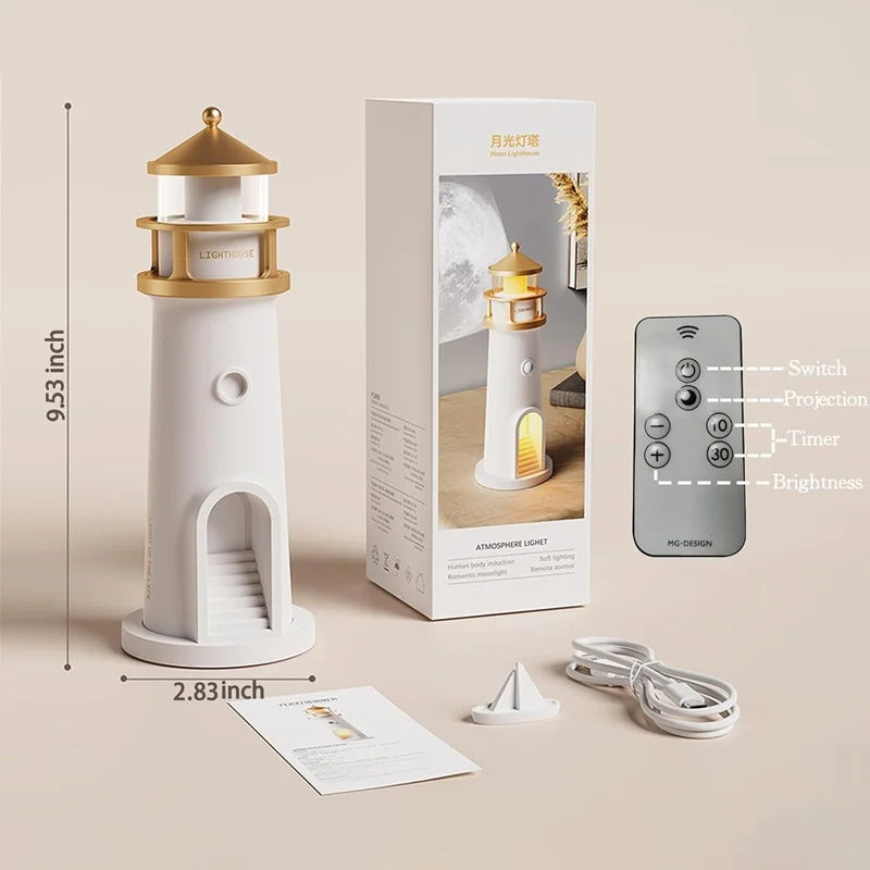 Moon Projection Night Light Lighthouse Decorative Light Charging Bluetooth Music Birthday Gift Suitable for Children and Lovers