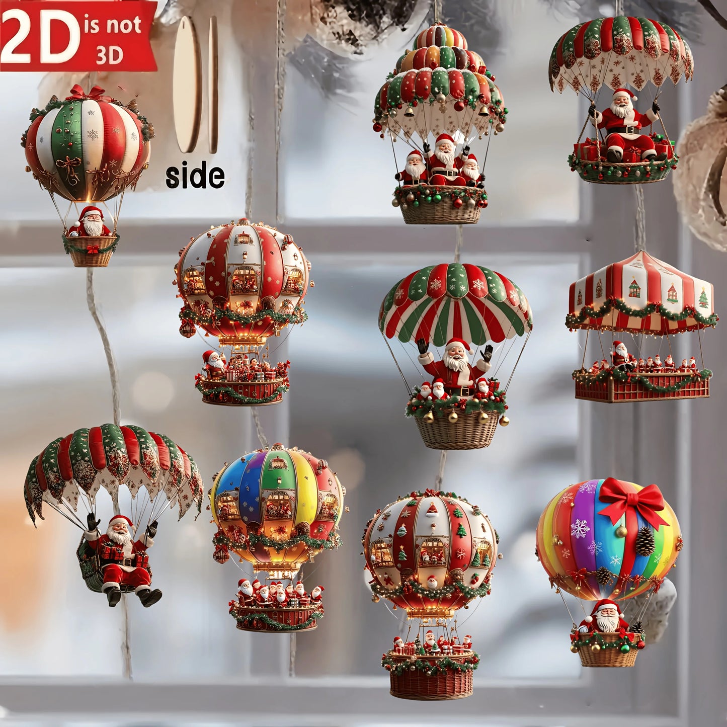 10Pcs Christmas Wooden Hot Air Balloon Santa Claus 2D