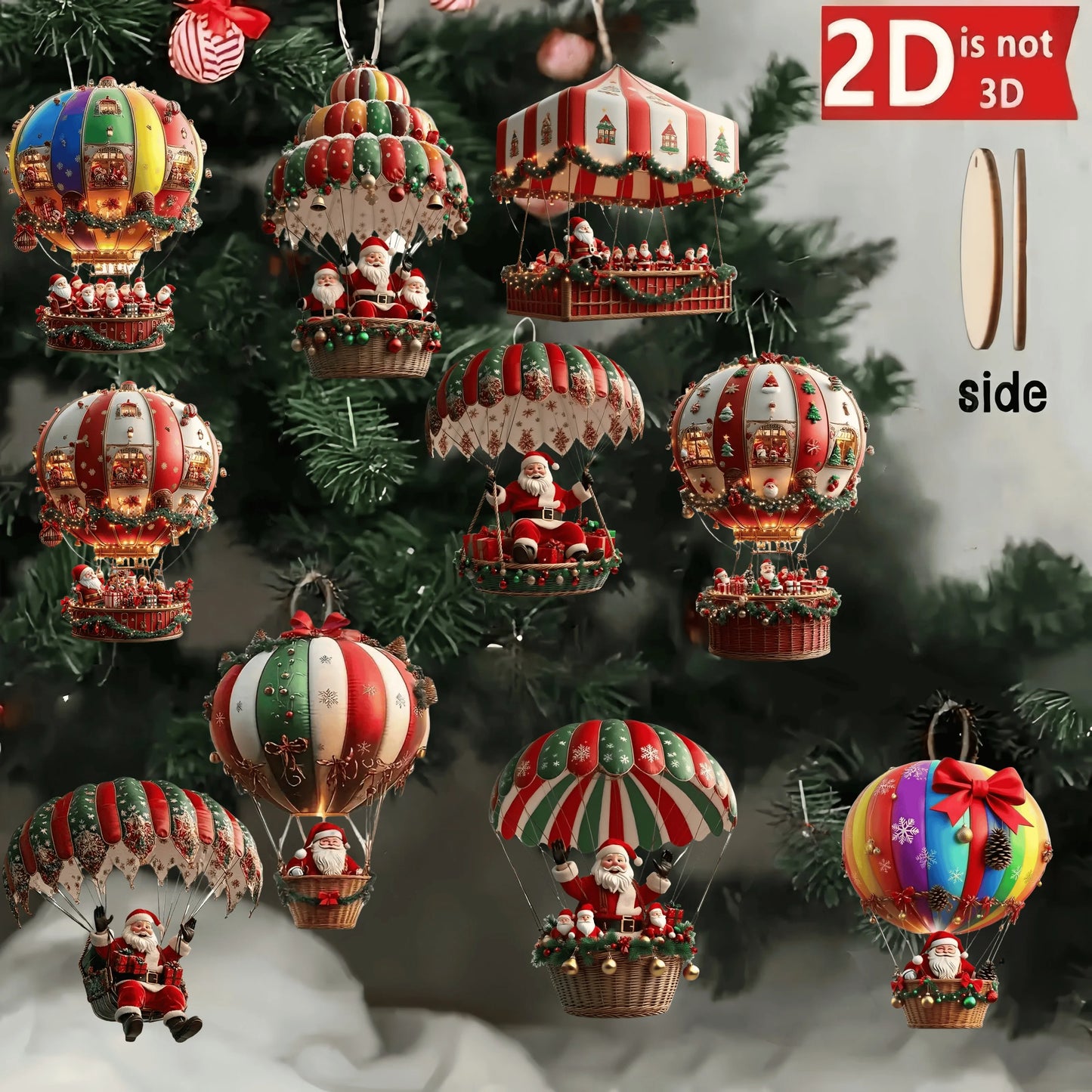 10Pcs Christmas Wooden Hot Air Balloon Santa Claus 2D