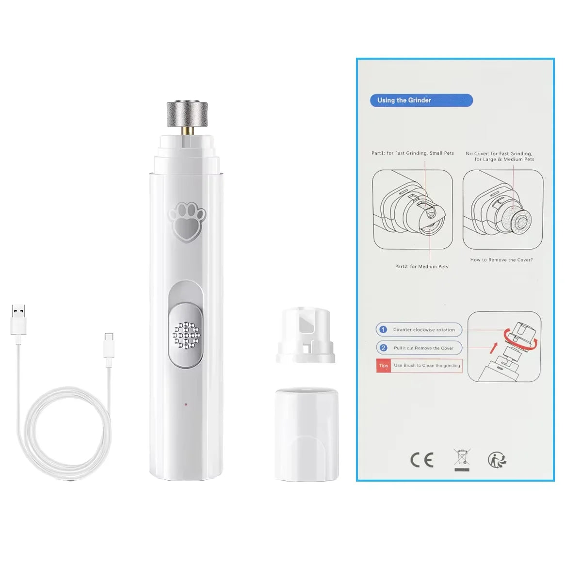 Electric Dog Nail Grinder Pet Nail Clipper USB Rechargeable Pet Nail Trimmers Painless with Polisher Wheel for Small/Large Pets