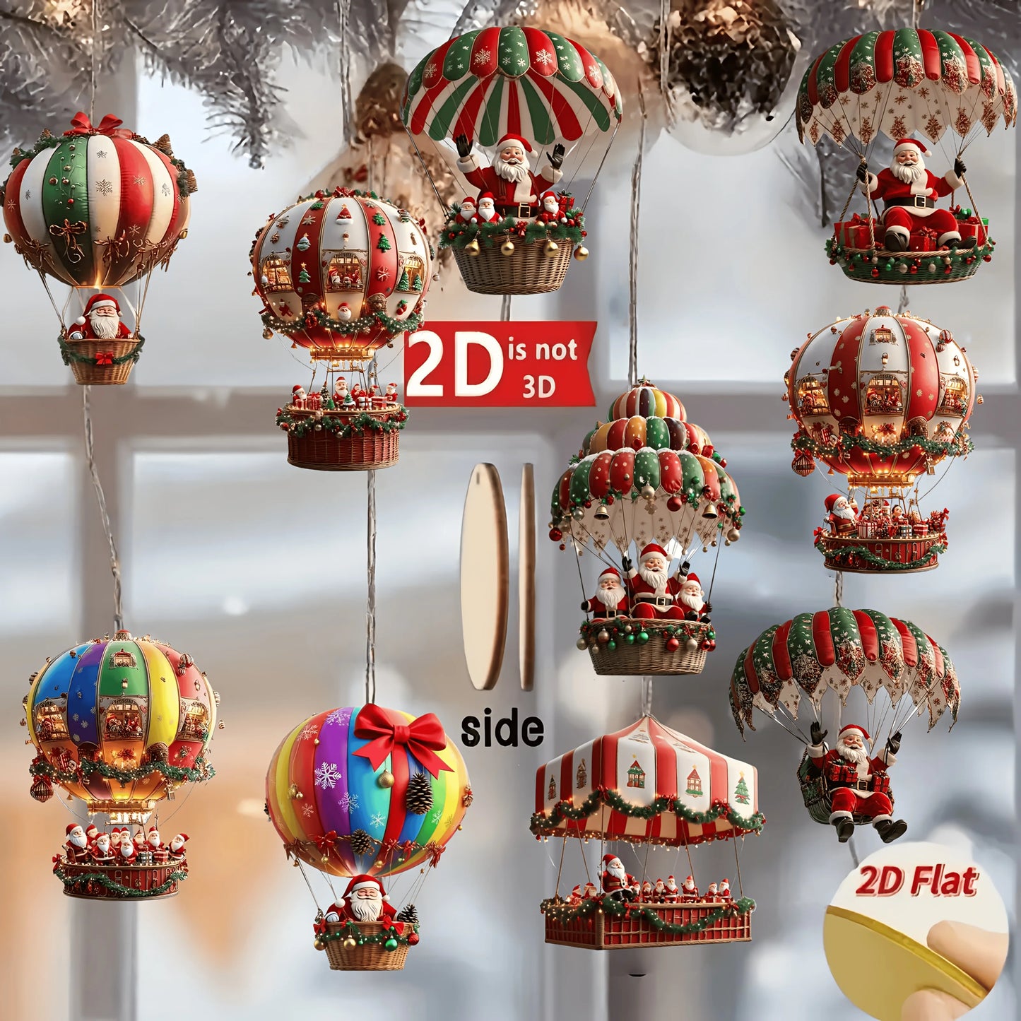 10Pcs Christmas Wooden Hot Air Balloon Santa Claus 2D