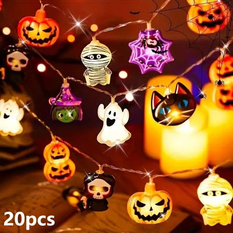10/20PCS Halloween LED Battery Powered String Lights With Ghost Witch Cat Pumpkin Spider Web Skeleton Mummy Pirate Shape Indoor