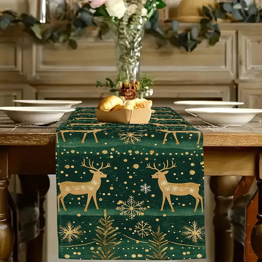 CHRISTMAS GREEN REINDEER PATTERN 1pc Polyester Table Runer