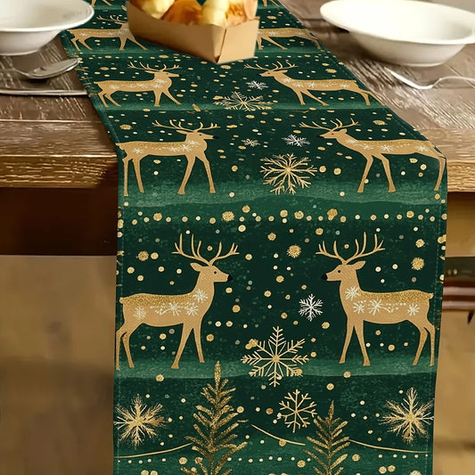 CHRISTMAS GREEN REINDEER PATTERN 1pc Polyester Table Runer