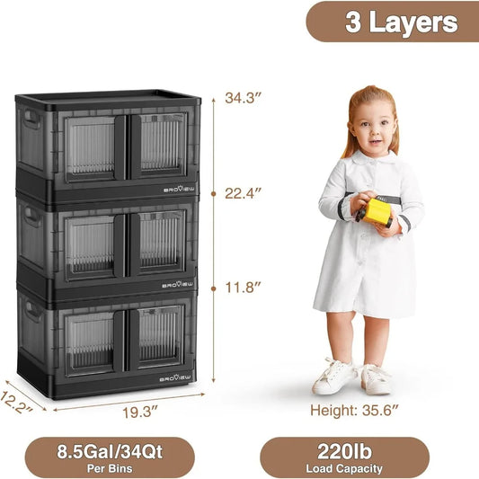 Stackable 34-Quart Collapsible Storage Bins with Wheels and Doors
