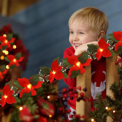 2M10LED Christmas Garland Lighting Strings Artificial Red Flowers Holly Leaves  for Home 2024 Xmas Ornament New Year Gifts 2025