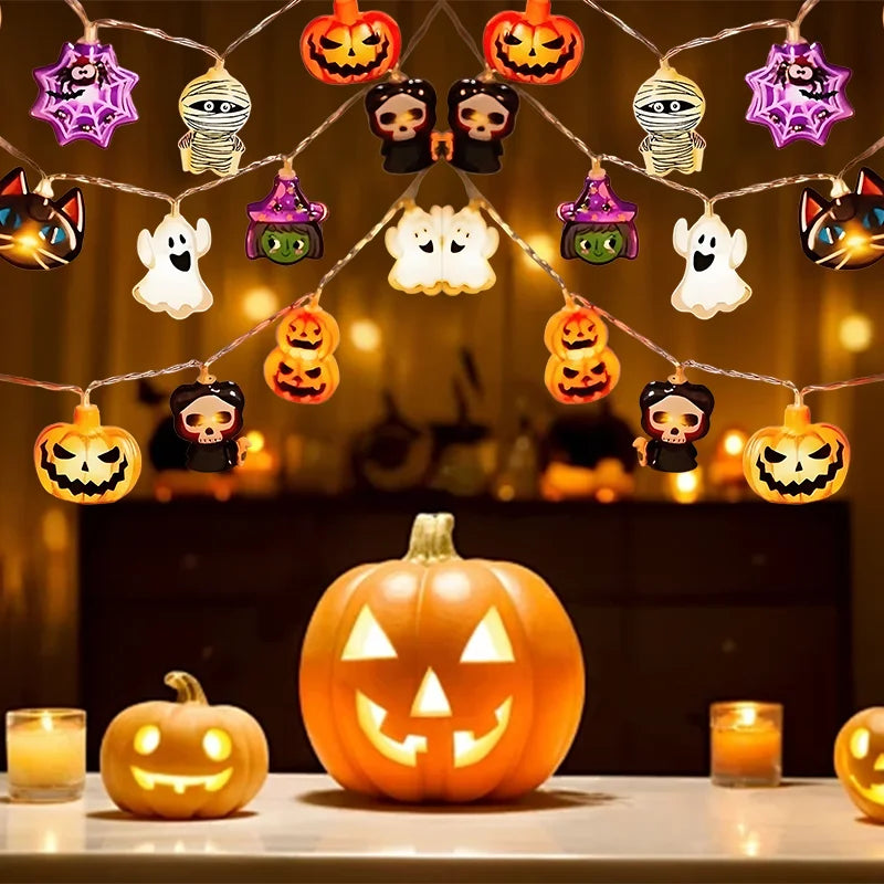 10/20PCS Halloween LED Battery Powered String Lights With Ghost Witch Cat Pumpkin Spider Web Skeleton Mummy Pirate Shape Indoor
