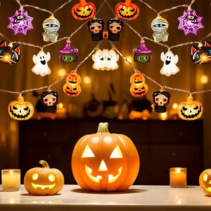 10/20PCS Halloween LED Battery Powered String Lights With Ghost Witch Cat Pumpkin Spider Web Skeleton Mummy Pirate Shape Indoor