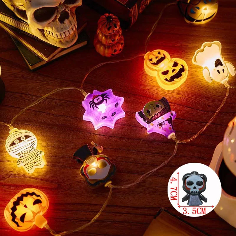 10/20PCS Halloween LED Battery Powered String Lights With Ghost Witch Cat Pumpkin Spider Web Skeleton Mummy Pirate Shape Indoor