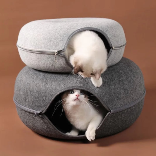 Interactive Round Cat Tunnel Bed – Donut Felt Nest, Scratcher & Sleeping Cushion for Kittens & Cats
