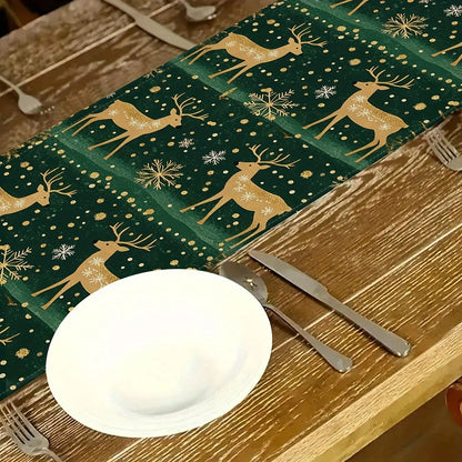 CHRISTMAS GREEN REINDEER PATTERN 1pc Polyester Table Runer