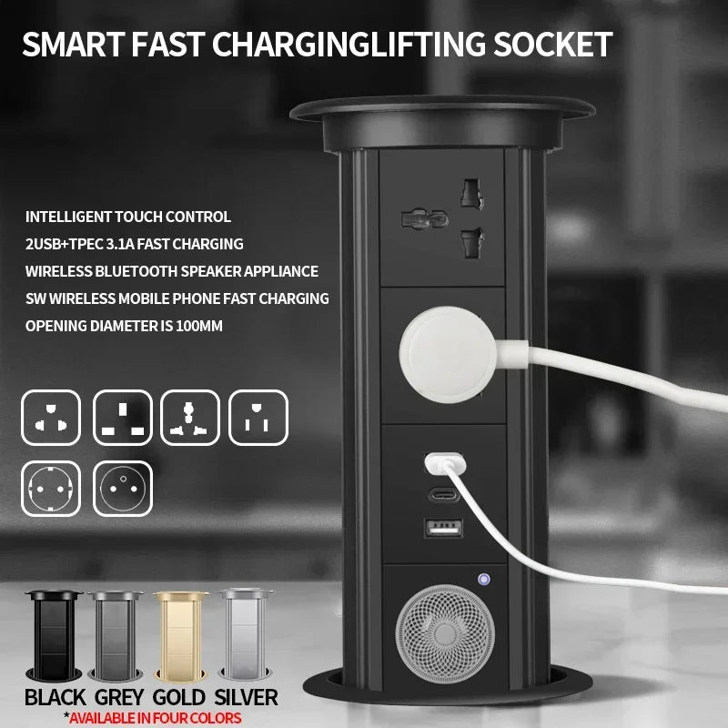 Motorized Pop up Tower Socket Wireless Charger Automatic Power Plug Desktop Worktop