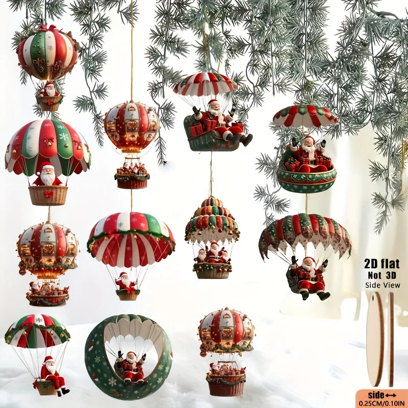 12pcs Christmas Tree 2D Wooden Hanging Decoration Set with Mobile Santa Claus and Hot Air Balloon-Xmas Perfect Holiday Gift Deco