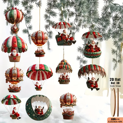 12pcs Christmas Tree 2D Wooden Hanging Decoration Set with Mobile Santa Claus and Hot Air Balloon-Xmas Perfect Holiday Gift Deco