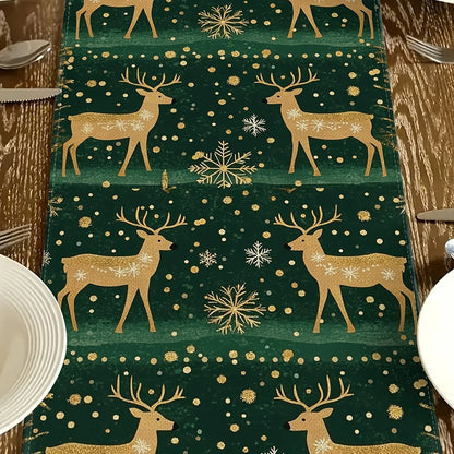 CHRISTMAS GREEN REINDEER PATTERN 1pc Polyester Table Runer