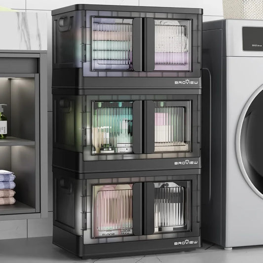 Stackable 34-Quart Collapsible Storage Bins with Wheels and Doors