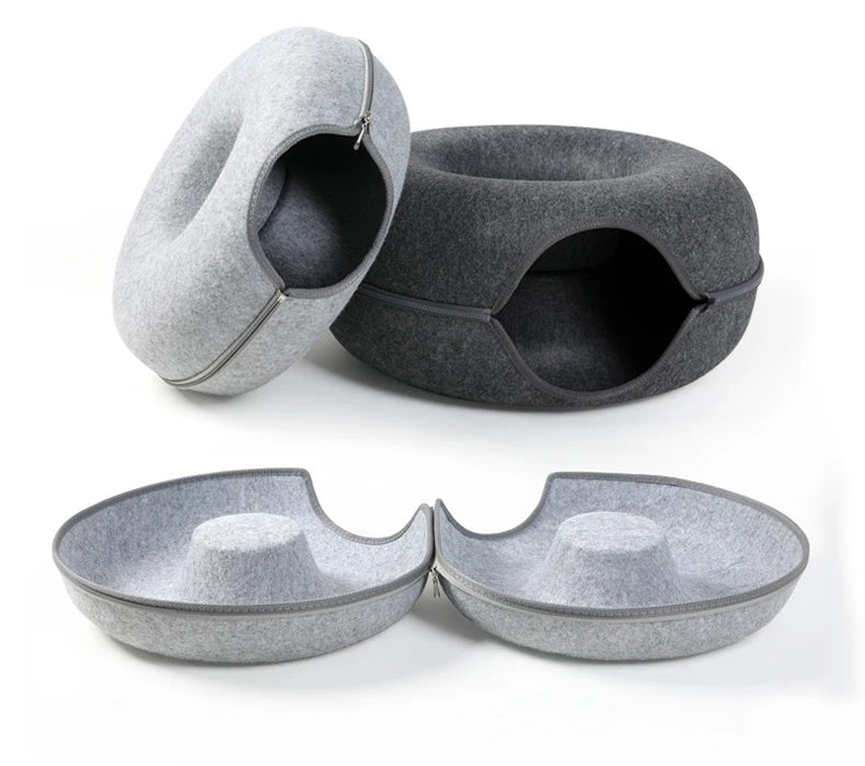 Interactive Round Cat Tunnel Bed – Donut Felt Nest, Scratcher & Sleeping Cushion for Kittens & Cats