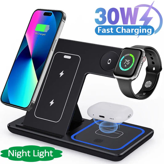30W LED Fast Wireless Charger Stand 3 in 1 Foldable Charging