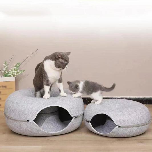 Interactive Round Cat Tunnel Bed – Donut Felt Nest, Scratcher & Sleeping Cushion for Kittens & Cats
