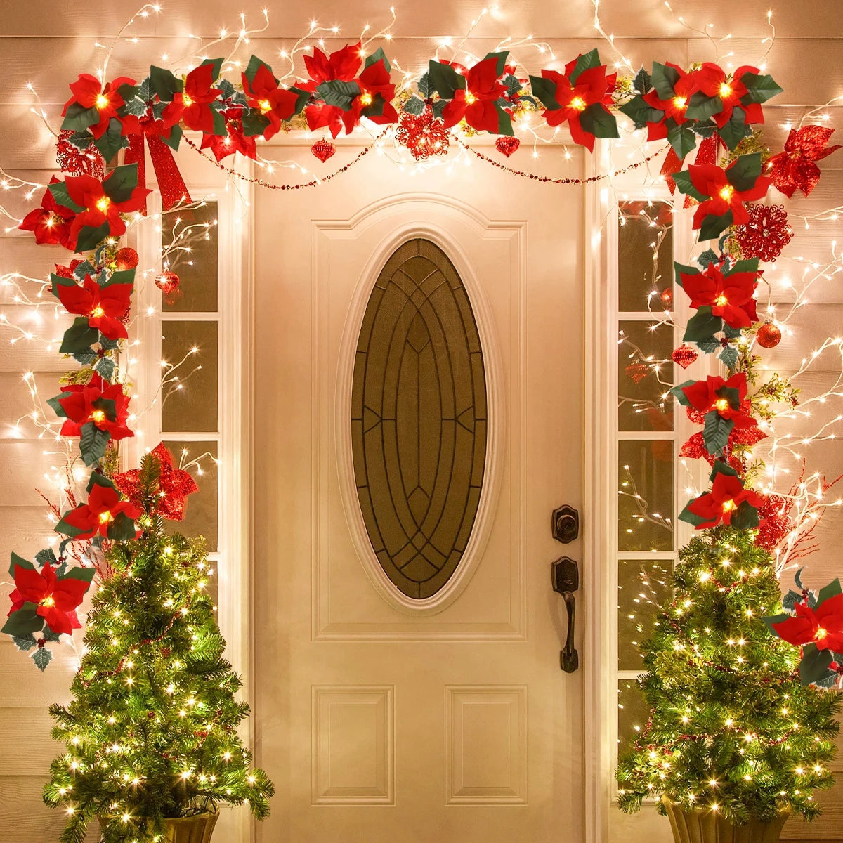 2M10LED Christmas Garland Lighting Strings Artificial Red Flowers Holly Leaves  for Home 2024 Xmas Ornament New Year Gifts 2025