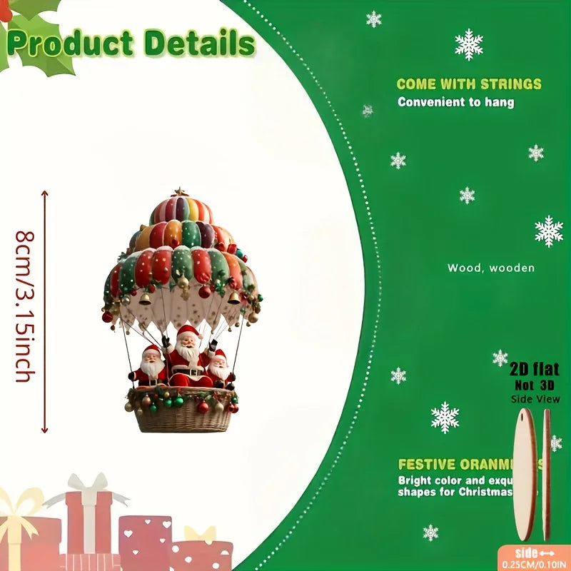 12pcs Christmas Tree 2D Wooden Hanging Decoration Set with Mobile Santa Claus and Hot Air Balloon-Xmas Perfect Holiday Gift Deco