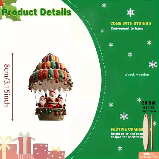 12pcs Christmas Tree 2D Wooden Hanging Decoration Set with Mobile Santa Claus and Hot Air Balloon-Xmas Perfect Holiday Gift Deco