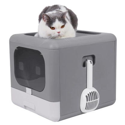 Cat Litter Box with Scoop and Tray Sifting Enclosed Foldable Kitten Toilet