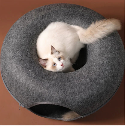 Interactive Round Cat Tunnel Bed – Donut Felt Nest, Scratcher & Sleeping Cushion for Kittens & Cats