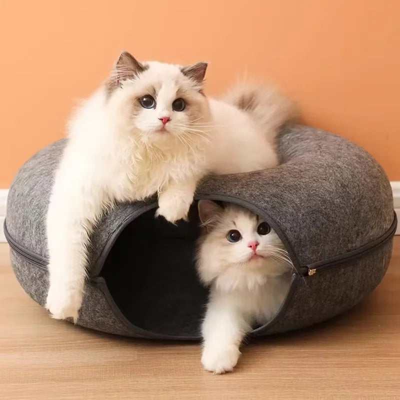 Interactive Round Cat Tunnel Bed – Donut Felt Nest, Scratcher & Sleeping Cushion for Kittens & Cats