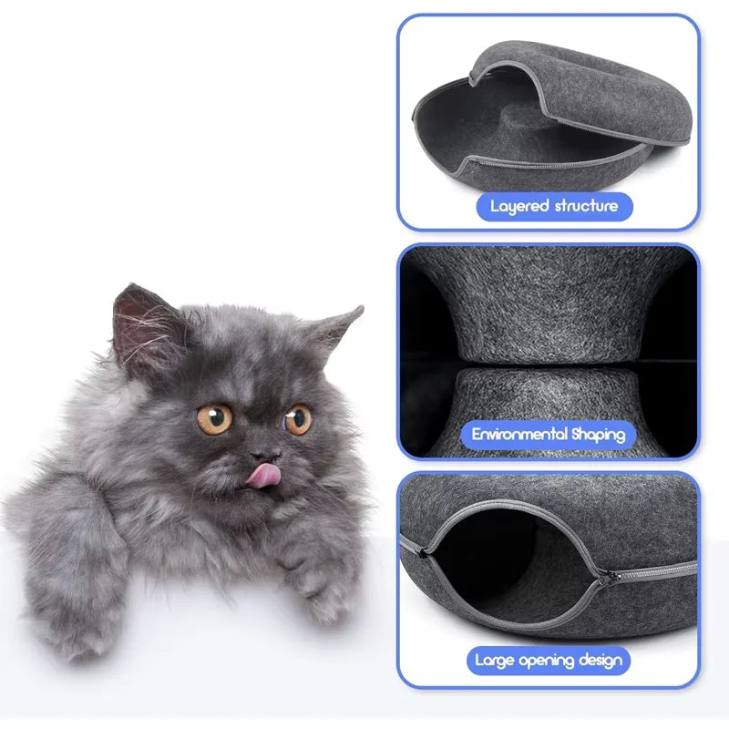 Interactive Round Cat Tunnel Bed – Donut Felt Nest, Scratcher & Sleeping Cushion for Kittens & Cats