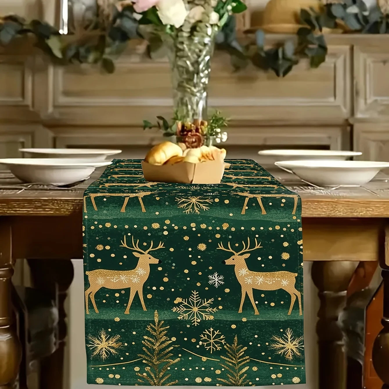 CHRISTMAS GREEN REINDEER PATTERN 1pc Polyester Table Runer
