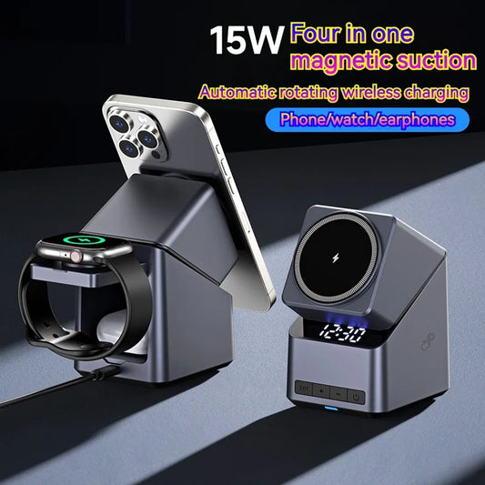 15W Electric Rotating Magnetic Wireless Charger Time Display Charging Station