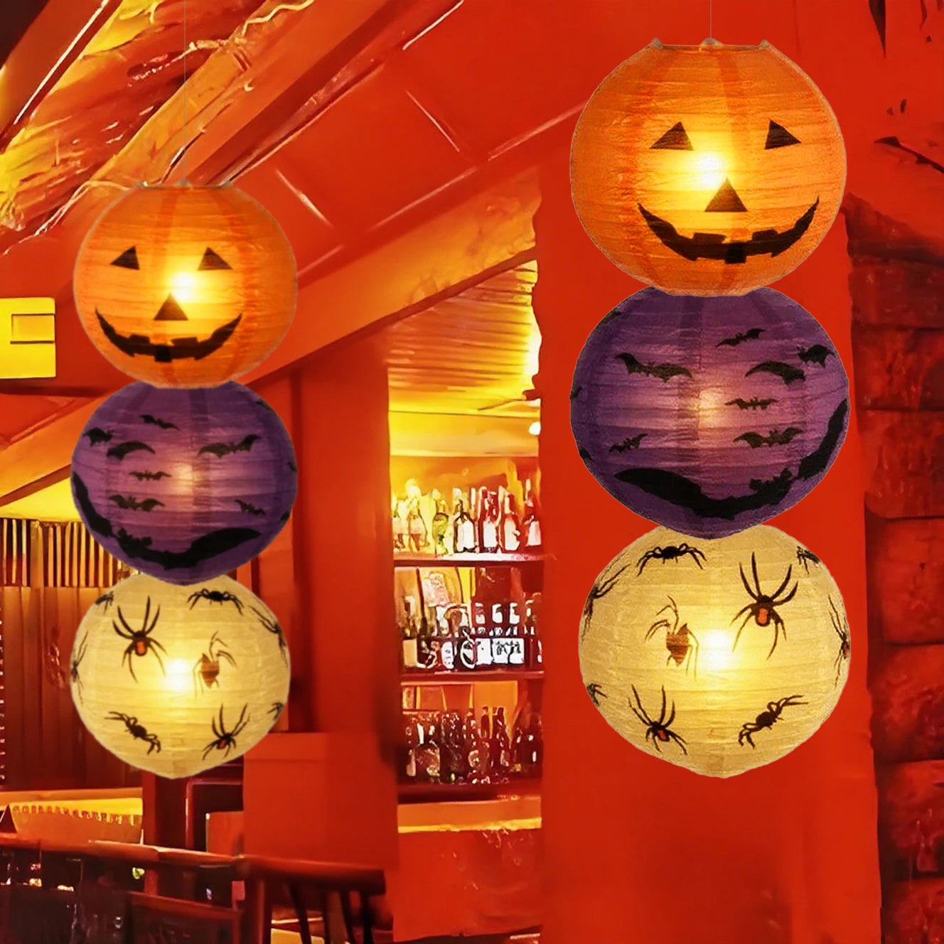 6PCS Halloween Paper Lanterns Pumpkin Spider Bat Theme Party Decorations for Halloween Outdoor Indoor Festive Atmosphere Enhance