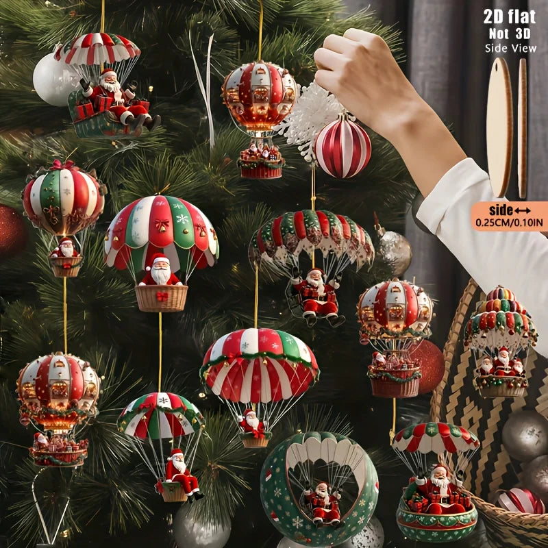 12pcs Christmas Tree 2D Wooden Hanging Decoration Set with Mobile Santa Claus and Hot Air Balloon-Xmas Perfect Holiday Gift Deco