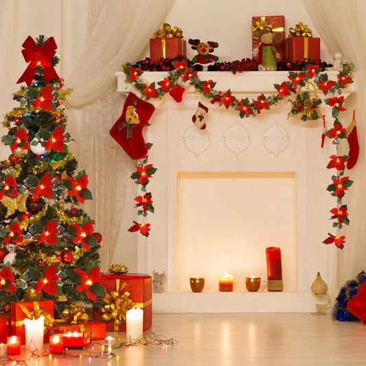 2M10LED Christmas Garland Lighting Strings Artificial Red Flowers Holly Leaves  for Home 2024 Xmas Ornament New Year Gifts 2025