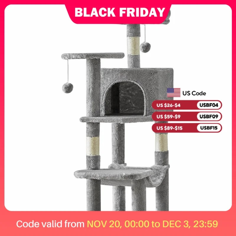 JHK 44in Tall Multi-Cat Climbing Cat Tree Tower for Pet Furniture Natural Sisal Scratching Posts Stable Pet House for Indoor Cat
