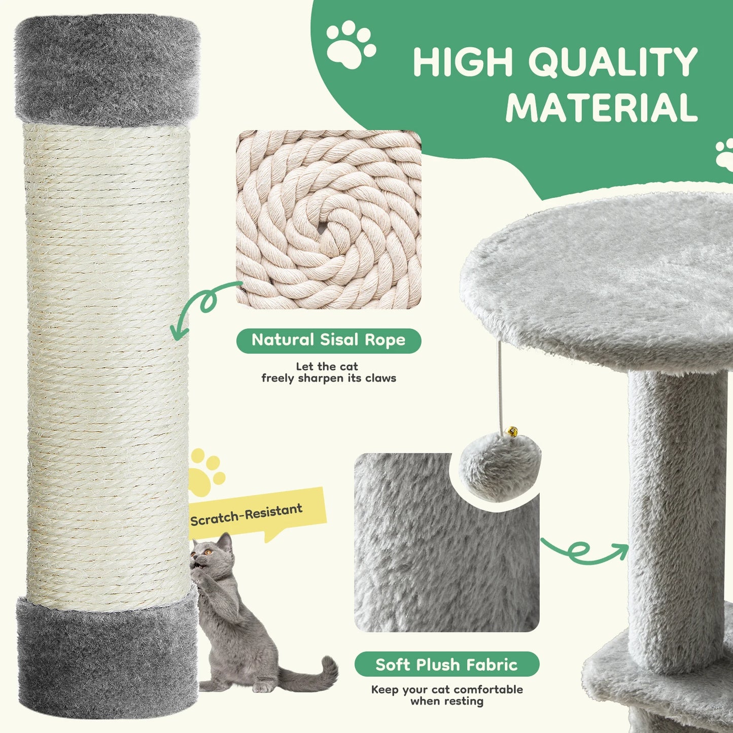 JHK 44in Tall Multi-Cat Climbing Cat Tree Tower for Pet Furniture Natural Sisal Scratching Posts Stable Pet House for Indoor Cat