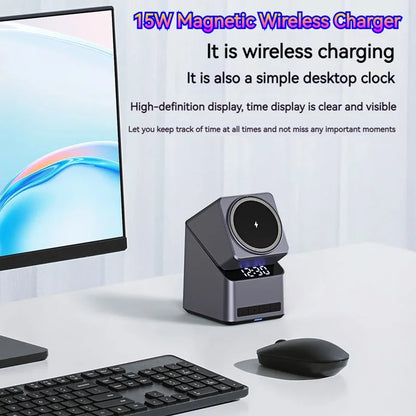 15W Electric Rotating Magnetic Wireless Charger Time Display Charging Station