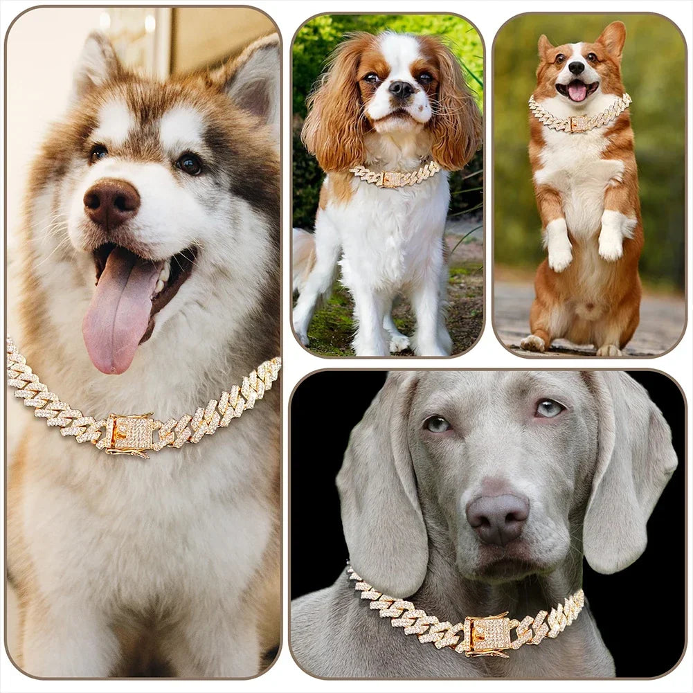 Dog Chain Diamond Cuban Collar Walking Metal Chain Collar with Design Secure Buckle, Pet Cat Cuban Collar Jewelry Accessories