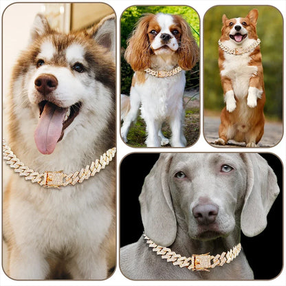 Dog Chain Diamond Cuban Collar Walking Metal Chain Collar with Design Secure Buckle, Pet Cat Cuban Collar Jewelry Accessories
