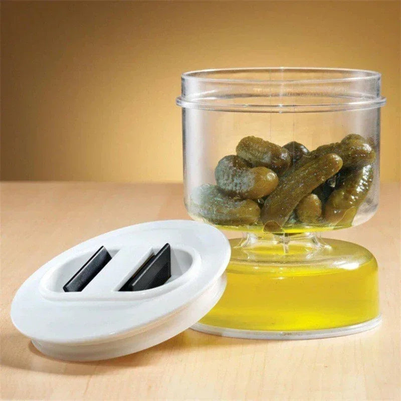 Pickle Jar with Flip Container and Strainer Hourglass