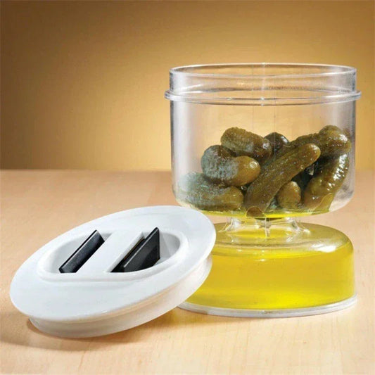 Pickle Jar with Flip Container and Strainer Hourglass