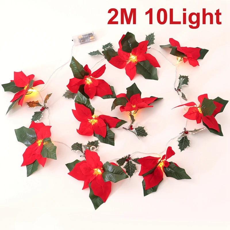 2M10LED Christmas Garland Lighting Strings Artificial Red Flowers Holly Leaves  for Home 2024 Xmas Ornament New Year Gifts 2025