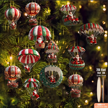 12pcs Christmas Tree 2D Wooden Hanging Decoration Set with Mobile Santa Claus and Hot Air Balloon-Xmas Perfect Holiday Gift Deco
