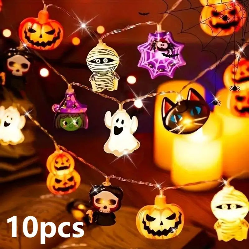 10/20PCS Halloween LED Battery Powered String Lights With Ghost Witch Cat Pumpkin Spider Web Skeleton Mummy Pirate Shape Indoor