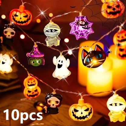 10/20PCS Halloween LED Battery Powered String Lights With Ghost Witch Cat Pumpkin Spider Web Skeleton Mummy Pirate Shape Indoor